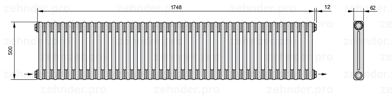 Схема (чертеж) Радиатор Zehnder Charleston 2050/38 №2670 Белый глянцевый RAL 9016